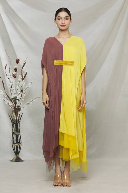 Shop Megha Garg Yellow Crepe Sequins V Neck Colourblock Draped Dress Online at Aza Fashions Shop_Megha Garg_Yellow Crepe Sequins V Neck Colourblock Draped Dress _Online_at_Aza_Fashions