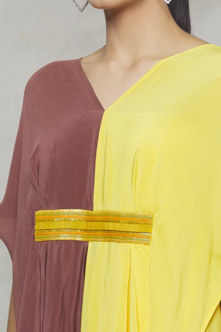 Megha Garg Yellow Crepe Sequins V Neck Colourblock Draped Dress at Aza Fashions Megha Garg_Yellow Crepe Sequins V Neck Colourblock Draped Dress _at_Aza_Fashions