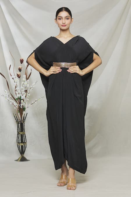 Megha Garg Black Crepe Bead Work, Sequins V Neck Draped Jumpsuit