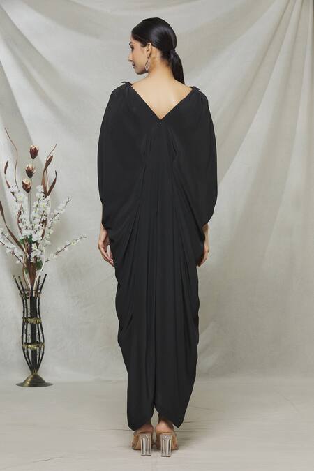 Shop Megha Garg Black Crepe Bead Work, Sequins V Neck Draped Jumpsuit at Aza Fashions Shop_Megha Garg_Black Crepe Bead Work, Sequins V Neck Draped Jumpsuit _at_Aza_Fashions