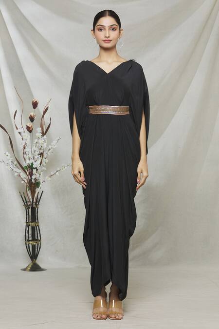 Megha Garg Black Crepe Bead Work, Sequins V Neck Draped Jumpsuit Online at Aza Fashions Megha Garg_Black Crepe Bead Work, Sequins V Neck Draped Jumpsuit _Online_at_Aza_Fashions