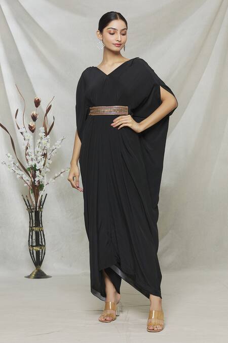 Buy Megha Garg Black Crepe Bead Work, Sequins V Neck Draped Jumpsuit Online at Aza Fashions Buy_Megha Garg_Black Crepe Bead Work, Sequins V Neck Draped Jumpsuit _Online_at_Aza_Fashions