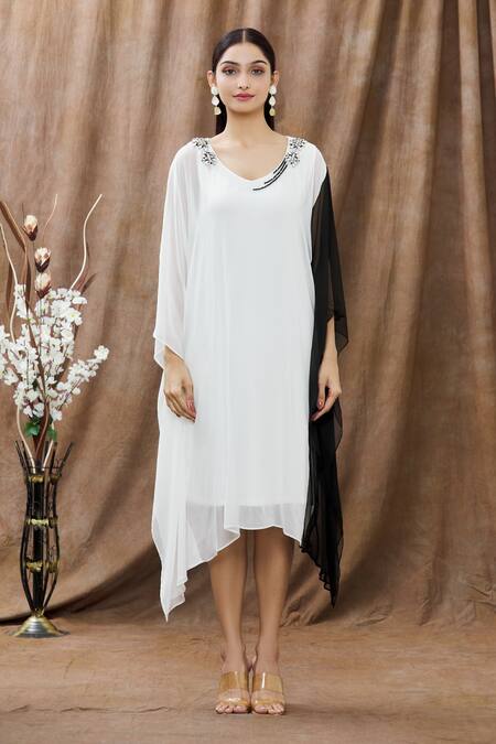 Shop_Arpan Vohra_Black Georgette Beads And Stones Scoop Neck Color Block Kaftan_Online_at_Aza_Fashions