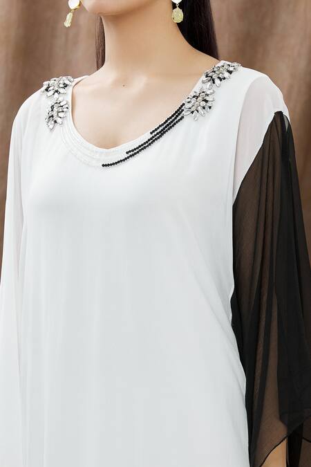 Arpan Vohra_Black Georgette Beads And Stones Scoop Neck Color Block Kaftan_at_Aza_Fashions
