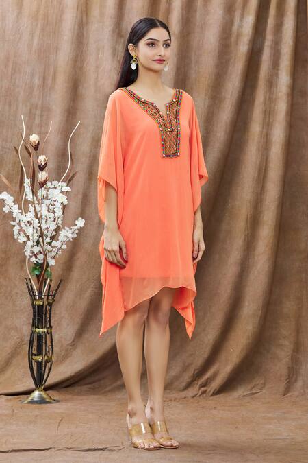 Arpan Vohra_Orange Georgette Mirror And Thread, Bugle Beads Notched Asymmetric Kaftan_Online_at_Aza_Fashions
