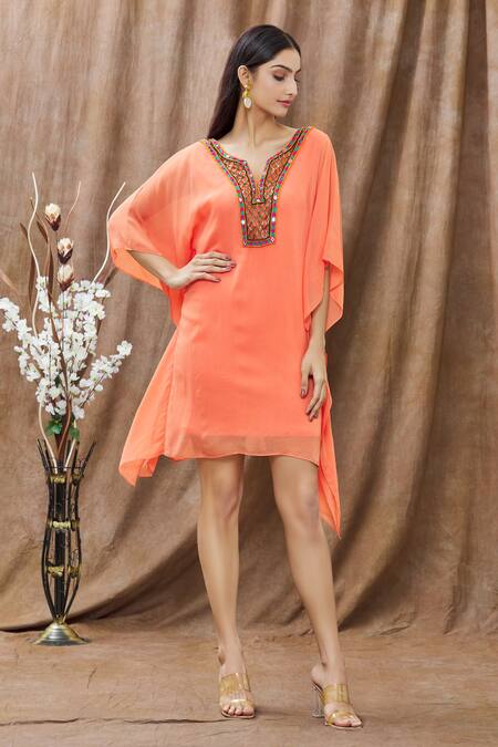 Buy_Arpan Vohra_Orange Georgette Mirror And Thread, Bugle Beads Notched Asymmetric Kaftan_Online_at_Aza_Fashions