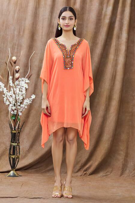 Shop_Arpan Vohra_Orange Georgette Mirror And Thread, Bugle Beads Notched Asymmetric Kaftan_Online_at_Aza_Fashions