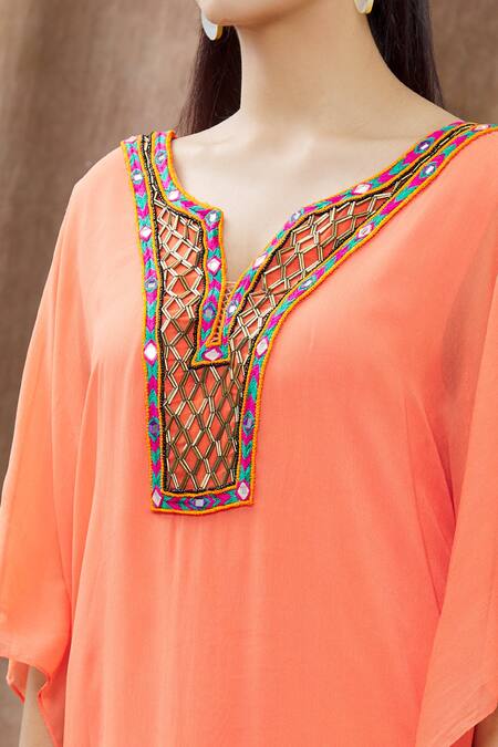 Arpan Vohra_Orange Georgette Mirror And Thread, Bugle Beads Notched Asymmetric Kaftan_at_Aza_Fashions