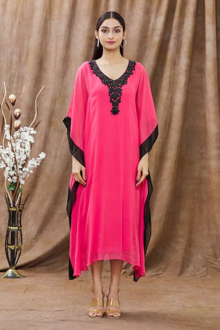 Arpan Vohra_Pink Georgette Bugle And V Neck Color Block Kaftan_Online_at_Aza_Fashions