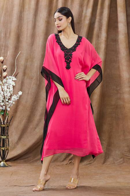 Buy_Arpan Vohra_Pink Georgette Bugle And V Neck Color Block Kaftan_Online_at_Aza_Fashions