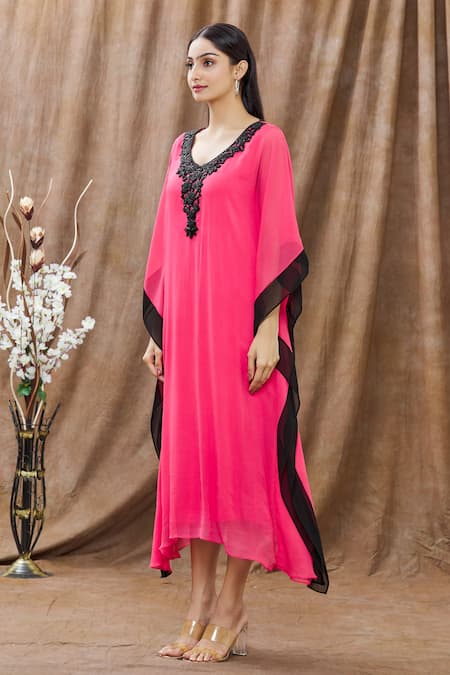 Shop_Arpan Vohra_Pink Georgette Bugle And V Neck Color Block Kaftan_Online_at_Aza_Fashions