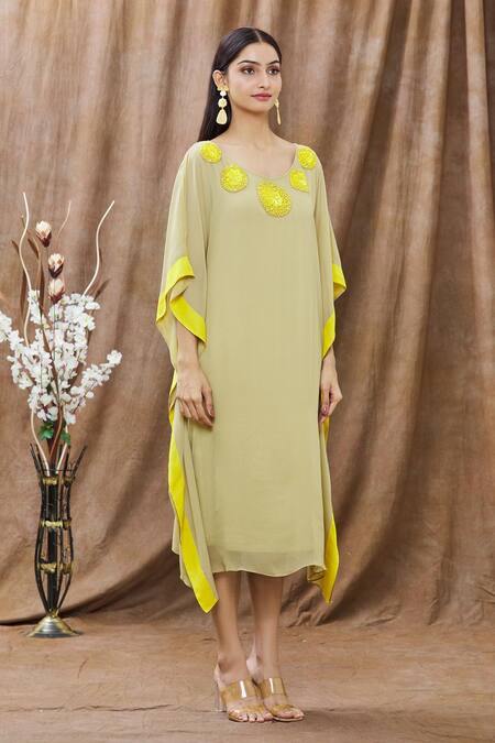 Arpan Vohra Beige Georgette Beads And Sequin Round Asymmetric Kaftan Dress Online at Aza Fashions Arpan Vohra_Beige Georgette Beads And Sequin Round Asymmetric Kaftan Dress _Online_at_Aza_Fashions