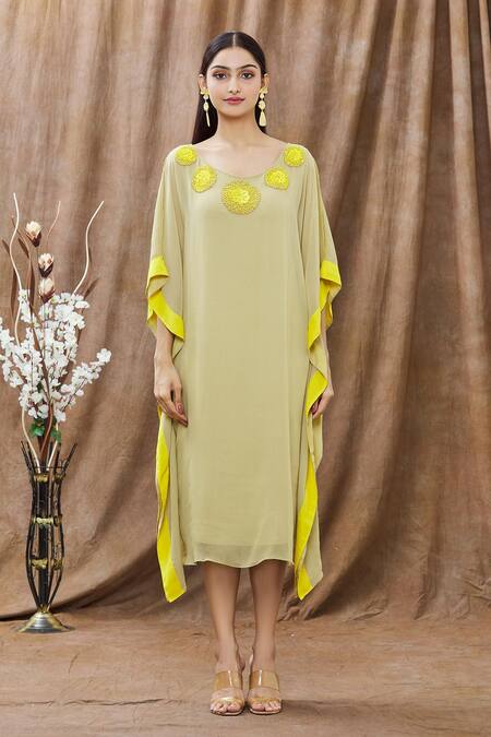 Shop Arpan Vohra Beige Georgette Beads And Sequin Round Asymmetric Kaftan Dress Online at Aza Fashions Shop_Arpan Vohra_Beige Georgette Beads And Sequin Round Asymmetric Kaftan Dress _Online_at_Aza_Fashions