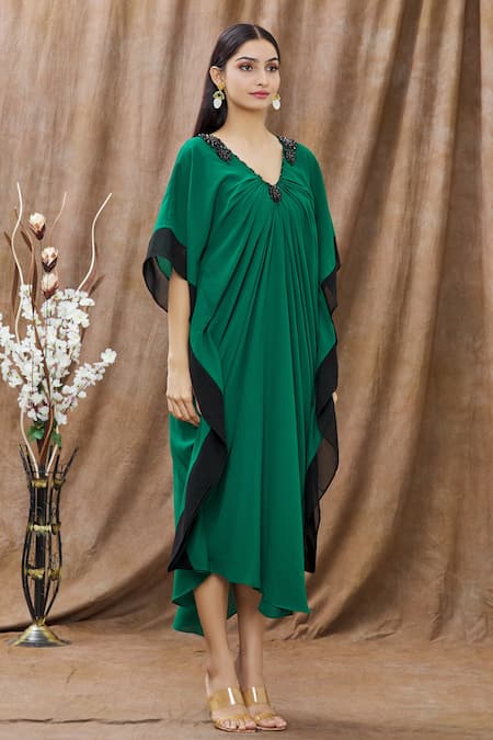 Arpan Vohra_Green Georgette Beads V Neck Embellished Neckline Kaftan Dress_Online_at_Aza_Fashions