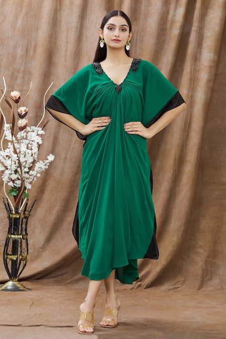 Buy_Arpan Vohra_Green Georgette Beads V Neck Embellished Neckline Kaftan Dress_Online_at_Aza_Fashions