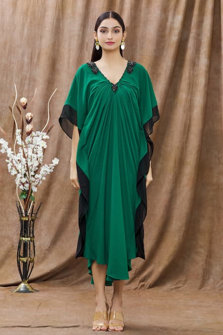 Shop_Arpan Vohra_Green Georgette Beads V Neck Embellished Neckline Kaftan Dress_Online_at_Aza_Fashions