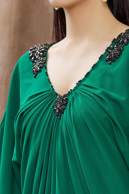 Arpan Vohra_Green Georgette Beads V Neck Embellished Neckline Kaftan Dress_at_Aza_Fashions