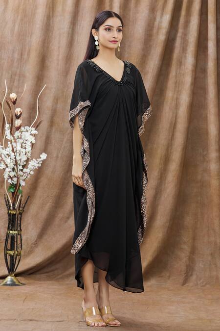 Arpan Vohra_Black Georgette Animal Print And Beads V Neck Embellished Asymmetric Kaftan _Online_at_Aza_Fashions