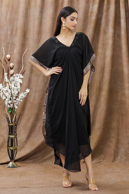 Buy_Arpan Vohra_Black Georgette Animal Print And Beads V Neck Embellished Asymmetric Kaftan _Online_at_Aza_Fashions