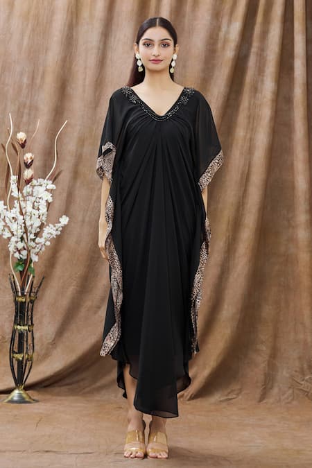 Shop_Arpan Vohra_Black Georgette Animal Print And Beads V Neck Embellished Asymmetric Kaftan _Online_at_Aza_Fashions