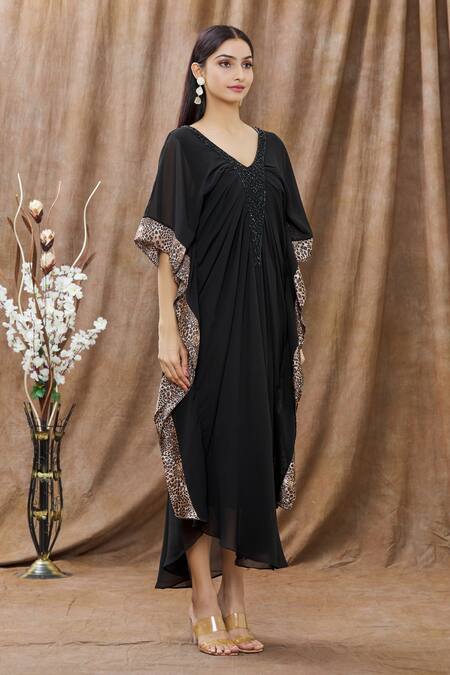 Arpan Vohra_Black Georgette Animal Print And Beads V Neck Asymmetric Kaftan Dress_Online_at_Aza_Fashions