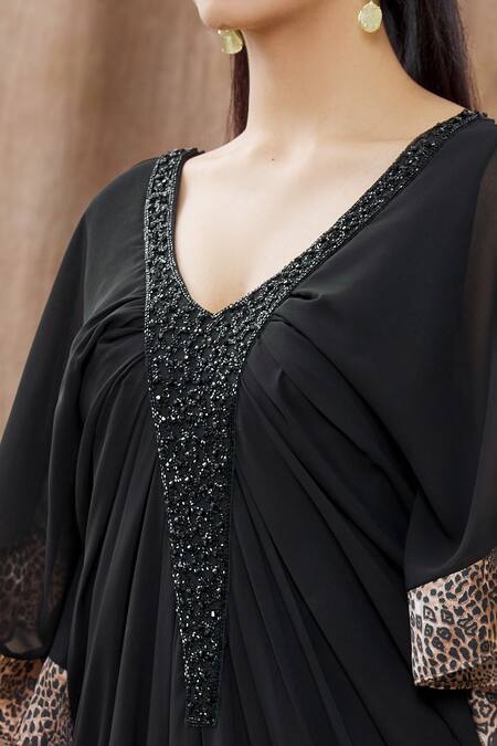 Arpan Vohra_Black Georgette Animal Print And Beads V Neck Asymmetric Kaftan Dress_at_Aza_Fashions