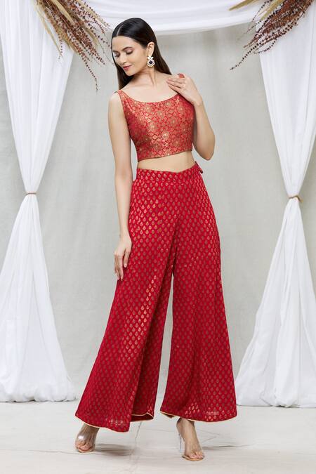 Shop_Vishwa By Pinki Sinha_Red Georgette Floral Handwoven Sharara_at_Aza_Fashions