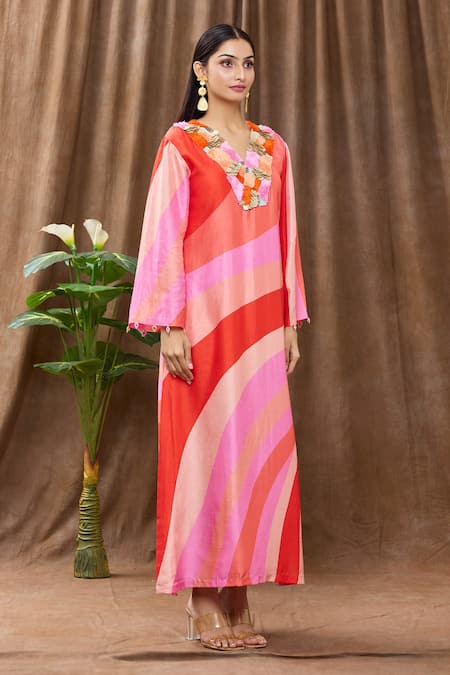 Archana Shah_Pink Bamberg Silk Sequins, Thread Work, Tropical Wave Print V Neck Maxi Dress_Online_at_Aza_Fashions