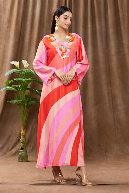 Buy_Archana Shah_Pink Bamberg Silk Sequins, Thread Work, Tropical Wave Print V Neck Maxi Dress_Online_at_Aza_Fashions