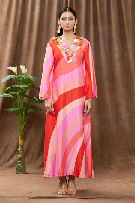 Shop_Archana Shah_Pink Bamberg Silk Sequins, Thread Work, Tropical Wave Print V Neck Maxi Dress_Online_at_Aza_Fashions