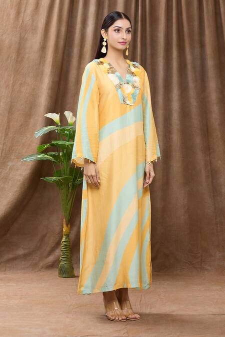 Archana Shah_Green Bamberg Silk Sequins, Thread Work, Tropical Wave Print V Neck Maxi Dress_Online_at_Aza_Fashions