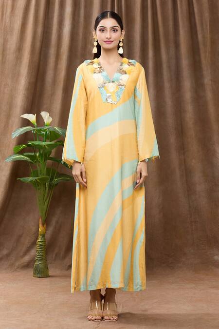 Shop_Archana Shah_Green Bamberg Silk Sequins, Thread Work, Tropical Wave Print V Neck Maxi Dress_Online_at_Aza_Fashions