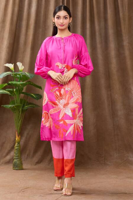 Archana Shah_Pink Bamberg Silk Bead Work, Sequins, Tropical Print Tie-up Kurta And Pant Set_Online_at_Aza_Fashions