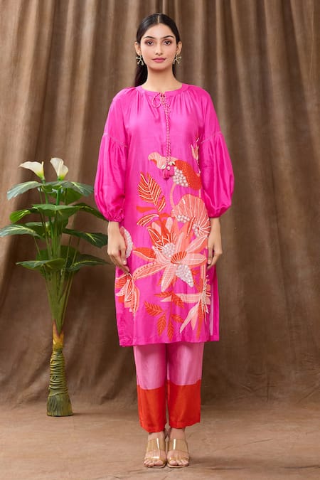 Buy_Archana Shah_Pink Bamberg Silk Bead Work, Sequins, Tropical Print Tie-up Kurta And Pant Set_Online_at_Aza_Fashions