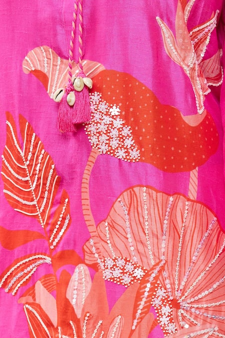 Shop_Archana Shah_Pink Bamberg Silk Bead Work, Sequins, Tropical Print Tie-up Kurta And Pant Set_Online_at_Aza_Fashions