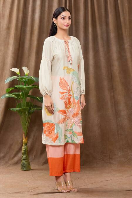 Archana Shah_White Bamberg Silk Bead Work, Sequins, Tropical Print Tie-up Kurta And Pant Set_Online_at_Aza_Fashions