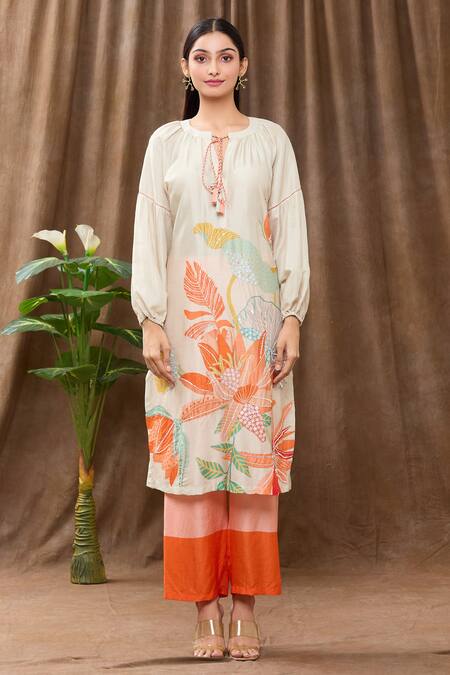 Buy_Archana Shah_White Bamberg Silk Bead Work, Sequins, Tropical Print Tie-up Kurta And Pant Set_Online_at_Aza_Fashions
