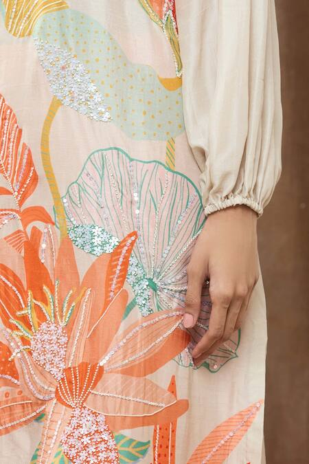 Shop_Archana Shah_White Bamberg Silk Bead Work, Sequins, Tropical Print Tie-up Kurta And Pant Set_Online_at_Aza_Fashions