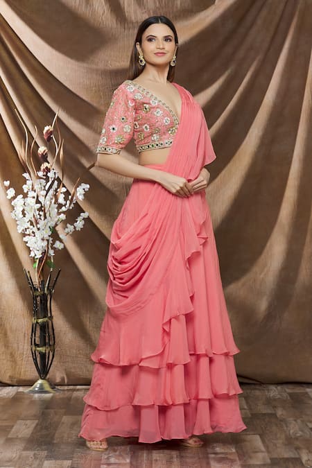 Neha Khullar Peach Organza Floral, Sequin And Cut Dana Ruffle Saree With Embroidered Blouse Online at Aza Fashions Neha Khullar_Peach Organza Floral, Sequin And Cut Dana Ruffle Saree With Embroidered Blouse _Online_at_Aza_Fashions