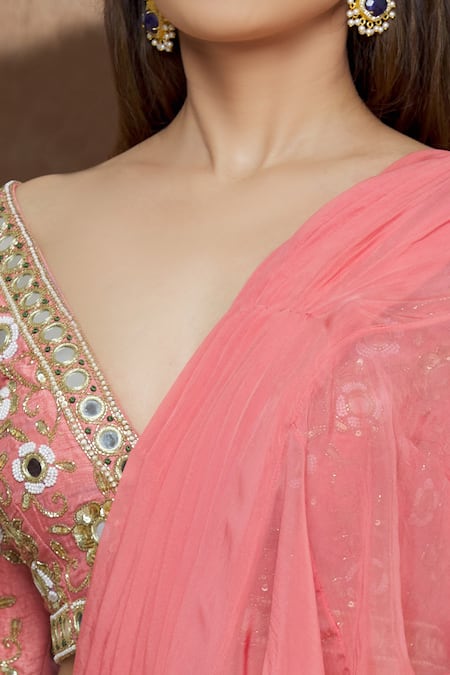 Neha Khullar Peach Organza Floral, Sequin And Cut Dana Ruffle Saree With Embroidered Blouse at Aza Fashions Neha Khullar_Peach Organza Floral, Sequin And Cut Dana Ruffle Saree With Embroidered Blouse _at_Aza_Fashions
