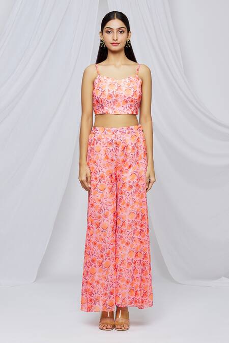 Buy_Neha Khullar_Peach Georgette Printed Floral Cape Open Jacket And Pant Set _Online_at_Aza_Fashions