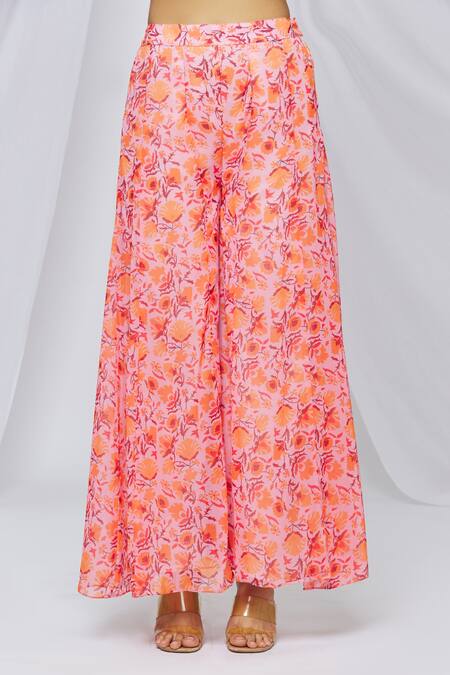 Shop_Neha Khullar_Peach Georgette Printed Floral Cape Open Jacket And Pant Set _Online_at_Aza_Fashions