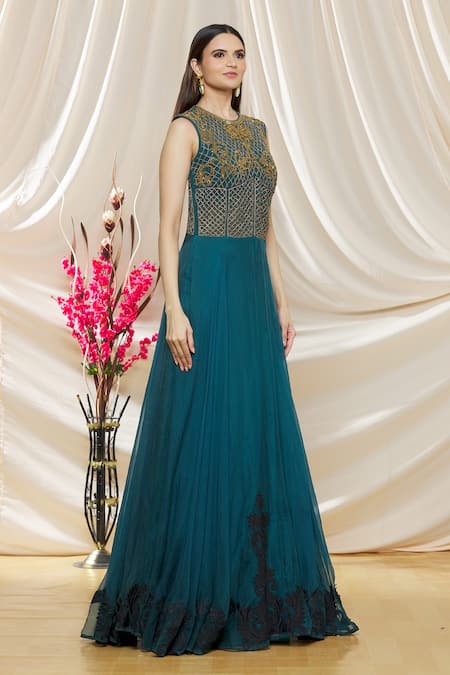 Neha Khullar_Green Organza Floral, Stone, Dabka Round Embroidered Gown _Online_at_Aza_Fashions