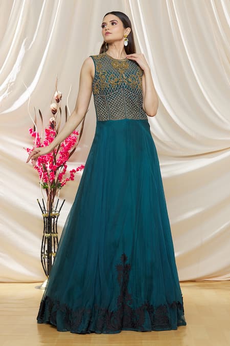 Buy_Neha Khullar_Green Organza Floral, Stone, Dabka Round Embroidered Gown _Online_at_Aza_Fashions