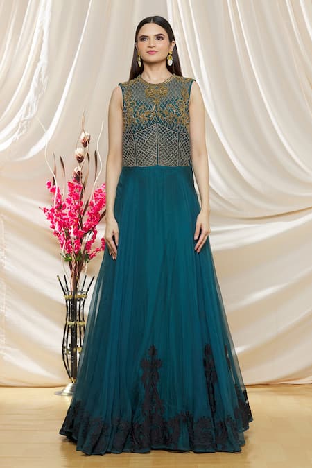 Shop_Neha Khullar_Green Organza Floral, Stone, Dabka Round Embroidered Gown _Online_at_Aza_Fashions