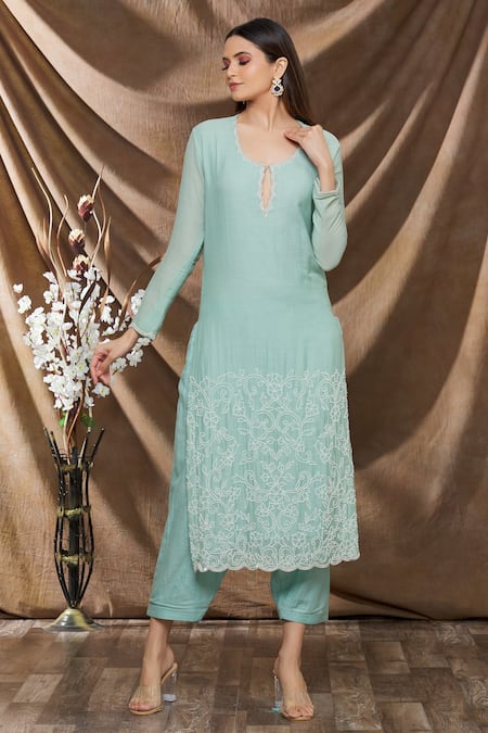 Neha Khullar Emerald Green Embroidered Kurta Set For Kids