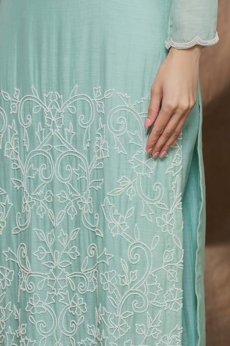 Neha Khullar_Green Cotton, Silk Pearls, Sequins Emerald Embroidered Kurta Set For Kids_at_Aza_Fashions