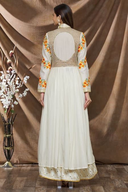 Shop_Neha Khullar_White Chanderi , Cotton Floral, Embroidered Anarkali And Palazzo Set _at_Aza_Fashions