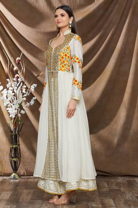 Neha Khullar_White Chanderi , Cotton Floral, Embroidered Anarkali And Palazzo Set _Online_at_Aza_Fashions