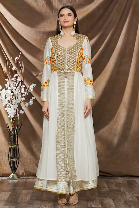 Buy_Neha Khullar_White Chanderi , Cotton Floral, Embroidered Anarkali And Palazzo Set _Online_at_Aza_Fashions